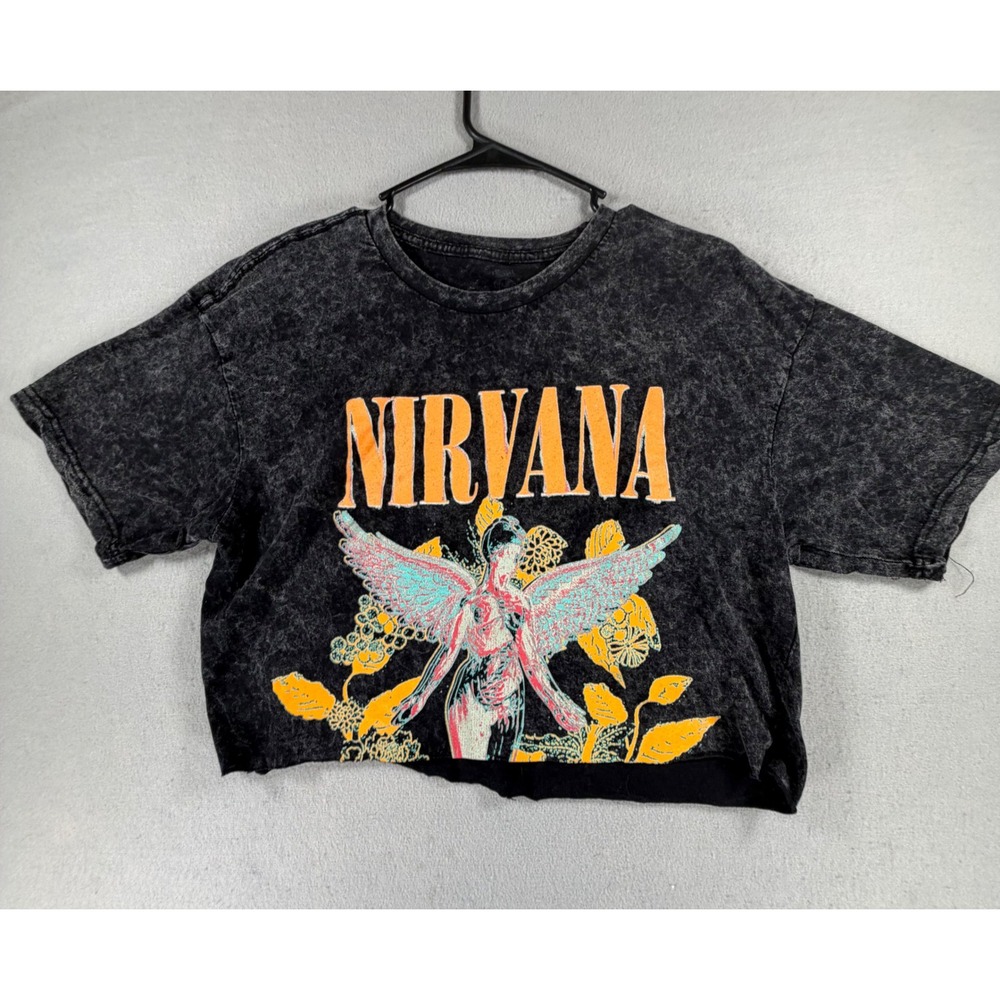 Nirvana In Utero Graphic Crop Top Large Acid Wash Black Raw Hem Grunge Band Tee